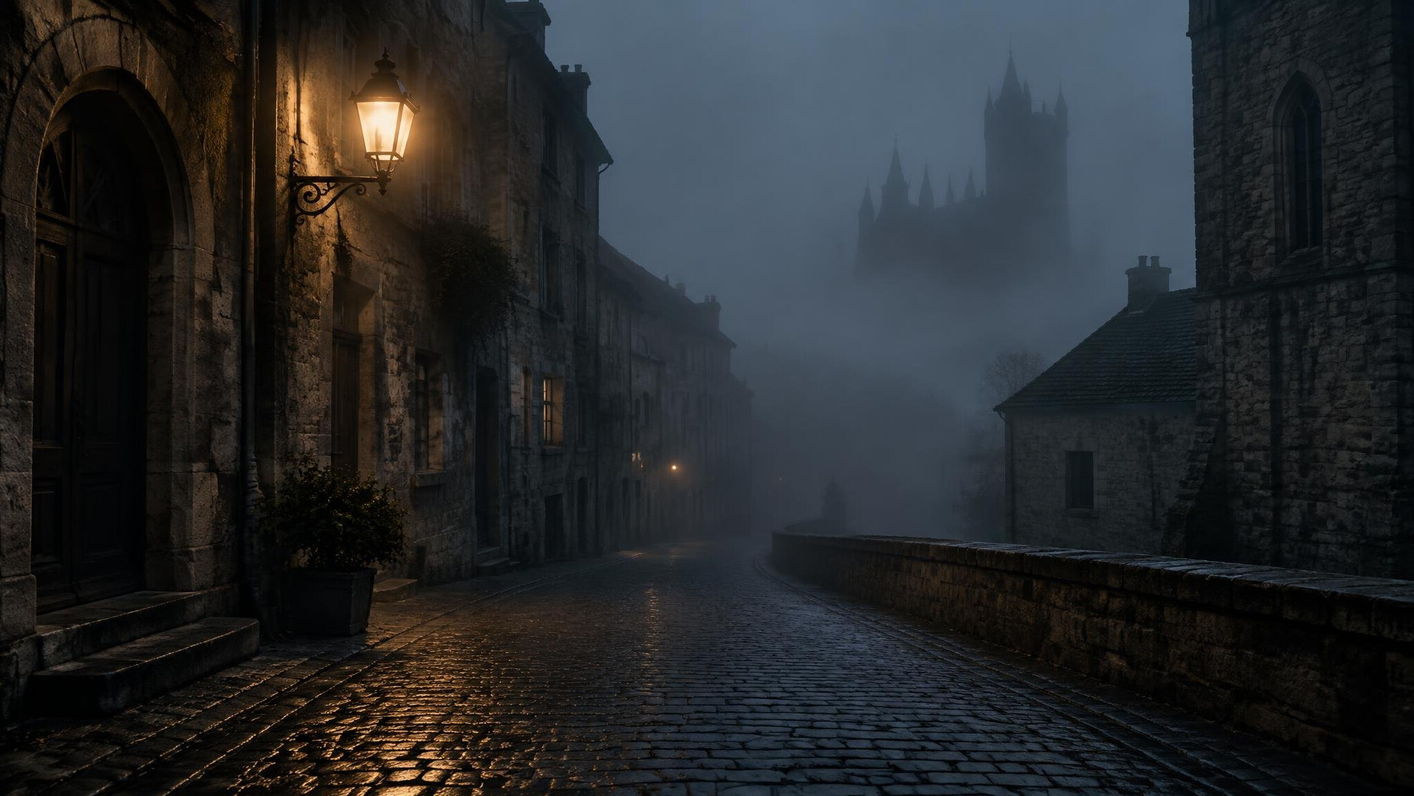 Empty cobblestone street covered in fog at night