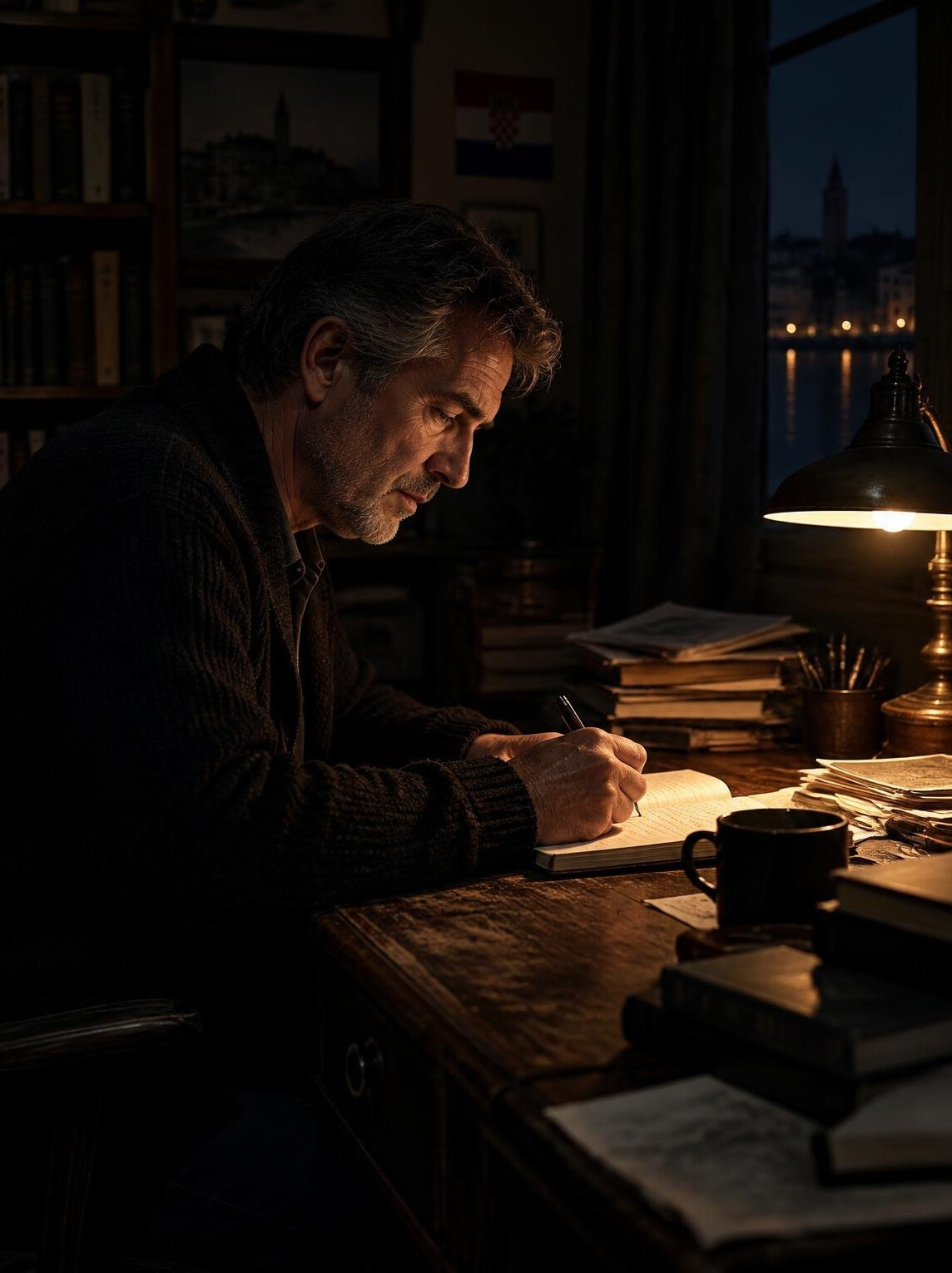 Man writing by hand at a wooden desk at night